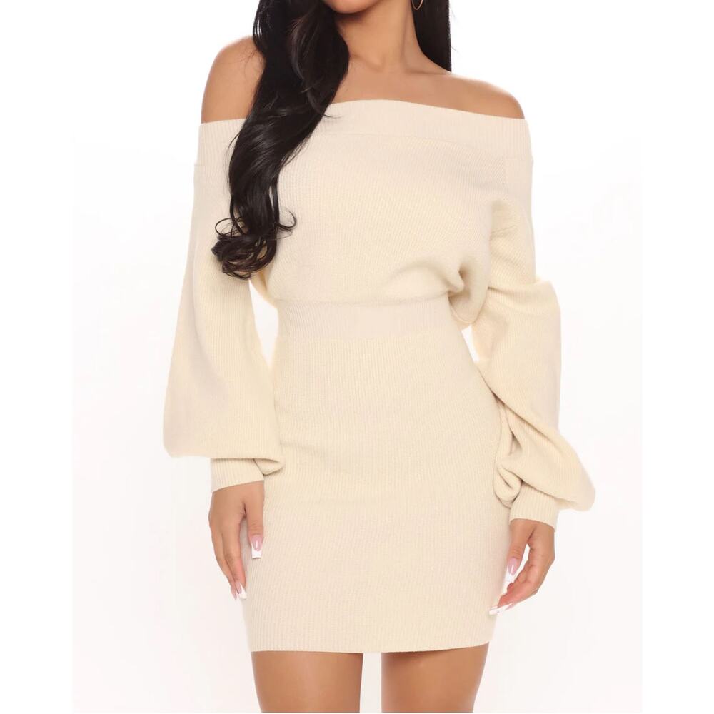 NEW Fashion Nova Cream Ribbed Bodycon Dress size Medium Puff Sleeve